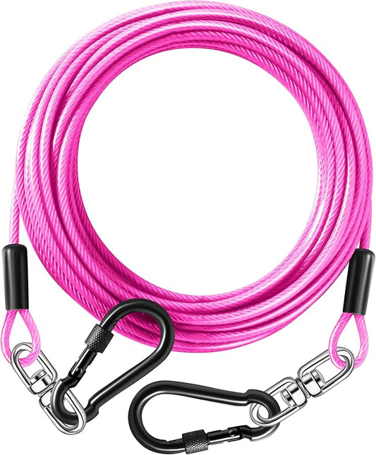 Dog Tie Out Cable 15FT-500Lbs,Heavy Duty Dog Leads&Tether for Yard with Swivel Hook,Small Large Dogs Leash Line for Outside,Rust Chew Proof Dogs Run Cable for Outdoor Camping (Pink, 15FT)