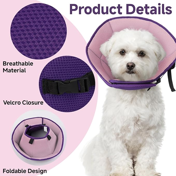 Dog Cone Collar S, Soft Cones for Large Medium Small Dogs,Adjustable Dog Cone Alternative to Stop Licking, Comfy Elizabethan Collar for After Surgery Wound Healing & Hot Spots Purple