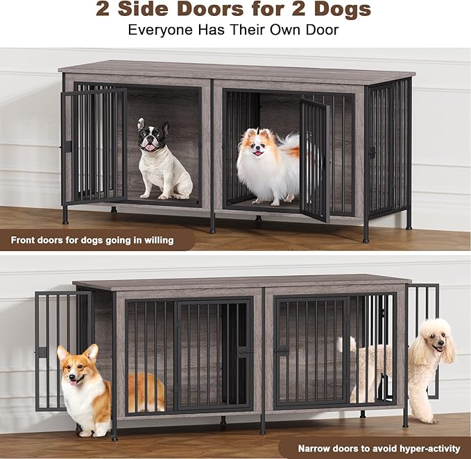 EasyCom 63" Dog Cage Furniture for 2 Pets with Divider, XL Wooden Double Dog Crate Furniture TV Stand for Mideum Breed, Durable and Sturdy