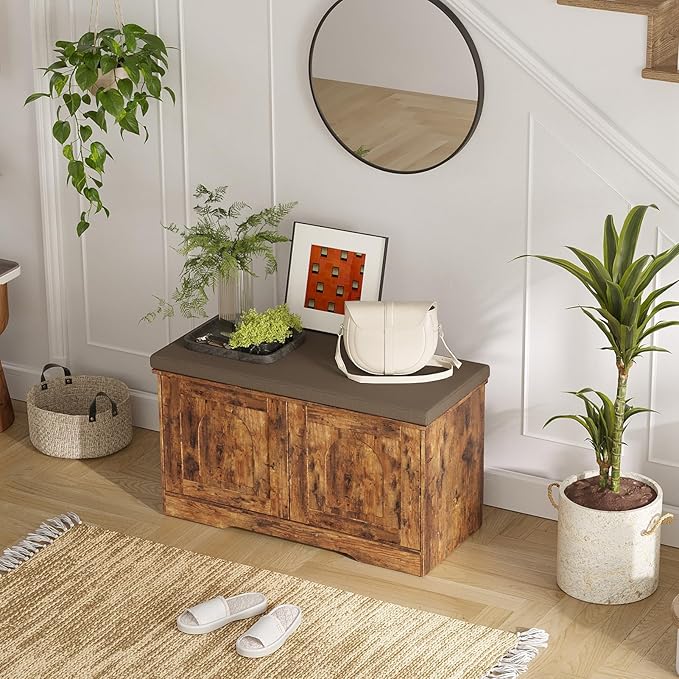 DINZI LVJ Shoe Bench, Entryway Storage Bench with Doors, Cushion, 2-Tier Shoe Rack with 6-Cubby, 31.5”L x 13.8”W Shoe Organizer Cabinet, Adjustable Shelf, Living Room, Bedroom, Rustic Brown