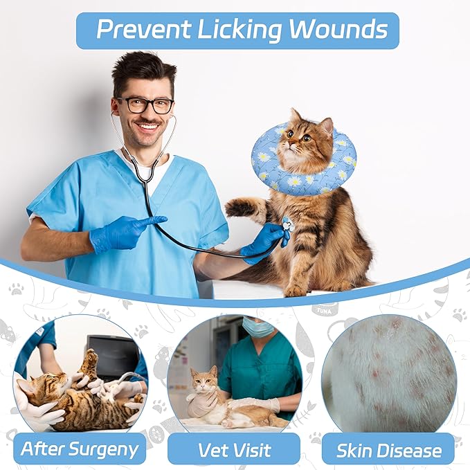 Cat Cone Collar Soft, Adjustable Cat Recovery Collar Kitten Cones to Stop Licking, Cute Donut E Collar After Surgery, Anti-Lick Wound Healing Elizabethan Collar for Kitten (Blue Daisy, Small)