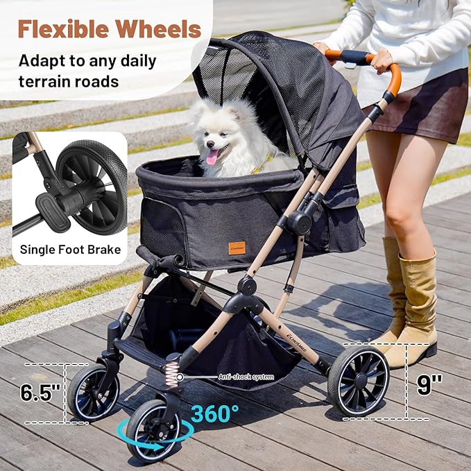 EchoSmile Small Medium Dogs Stroller 4-Wheel Pet Strollers for Medium Dogs Up to 50lbs, One Click Folding Large Cat Stroller, Reversible Handle, Shock Absorbing Wheels, Removable Washable Pad