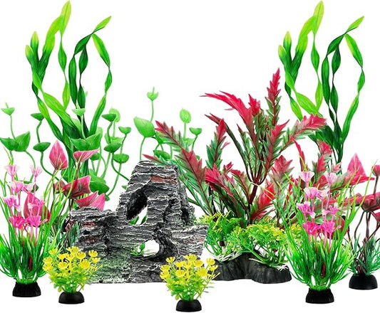 Fish Tank Accessories Aquarium Plants, 12pcs Colorful Fish Tank Artificial Plants and Cave Rock Decor Set, Aquarium Decorations Plants