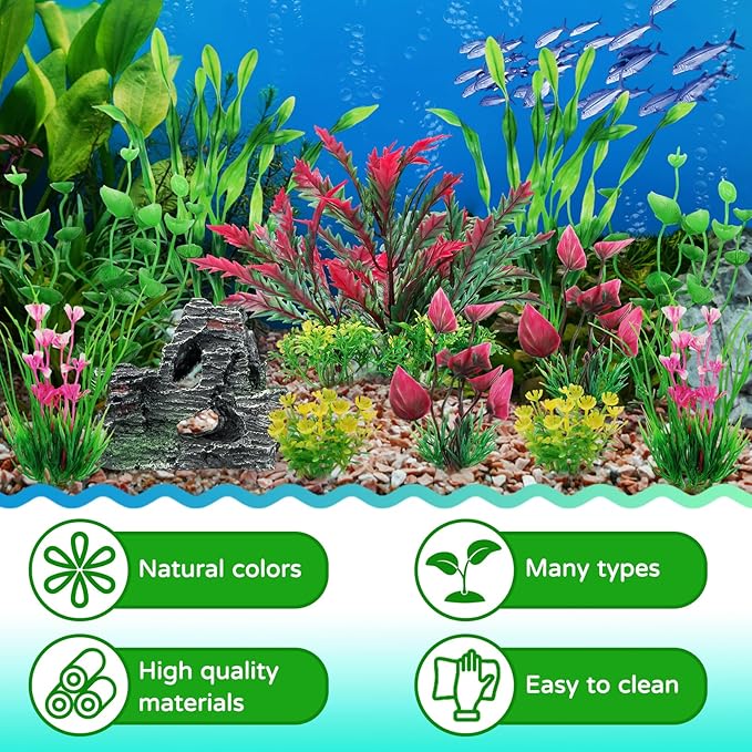 Fish Tank Accessories Aquarium Plants, 12pcs Colorful Fish Tank Artificial Plants and Cave Rock Decor Set, Aquarium Decorations Plants