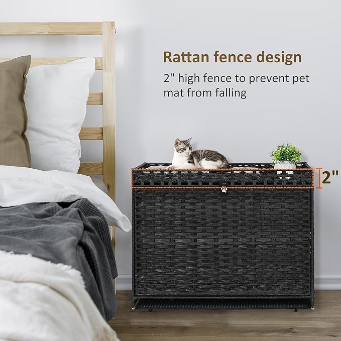 Cat Litter Box Enclosure with Soft Litter Mat; Hidden Cat Washroom Furniture with Door; Handwoven Rattan Cat House with Large Space; Pet Crate for Living Room, Bedroom, Balcony (Black)