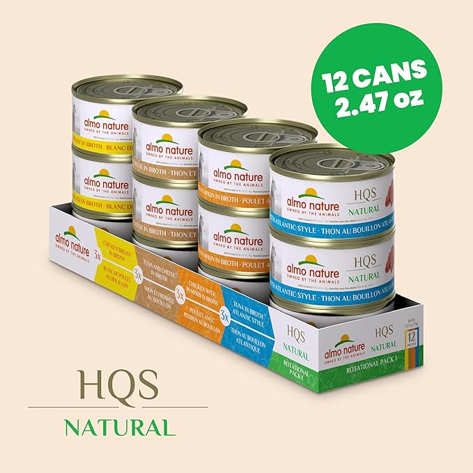 almo nature Wet Cat Food HQS Natural Rotational Diet Chicken & Tuna Selection-Variety Pack, Grain-Free, High-Protein, Highly Digestible, Sensitive Stomach Formula, Additive-Free, 2.47 oz Cans,24-Pack