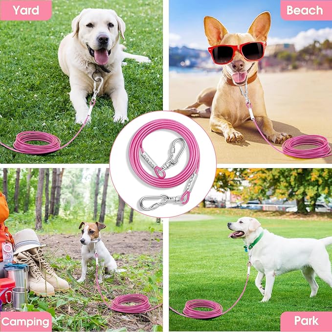 Dog Tie Out Cable for Outside,10FT Long Dog Leash&Chains with Swivel Hook,Small-Large Dogs Runner Cable for Yard,Heavy Duty Dogs Lead Line for Outdoor and Camping (500lbs 10FT, Pink)