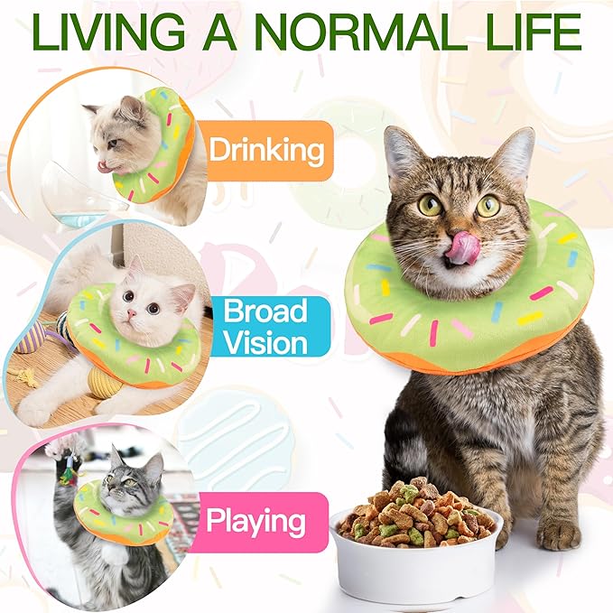 Cat Cone Collar Soft, Cute Cat Donut Collar After Surgery, Adjustable Kitten Recovery Cones to Stop Licking, Lightweight Neck Elizabethan Collars for Cats Kittens (Green, Small)