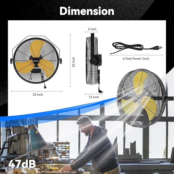 4580 CFM 18 inch High Velocity Wall Mounted Fan, 3-Speed Metal Fan with Sealed Motor, 360 Degree Tliting Heavy Duty Wall Fan for Patio, Barn, Garage, and Gazebo - UL listed