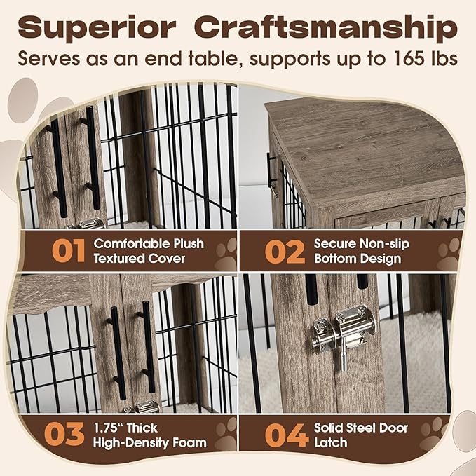 Dog Crate Furniture with Cushion, 32 inch Wooden Kennel Table with Double Doors, Indoor Dog House End Table for Small/Medium Dog, Grey (32x23x26in)