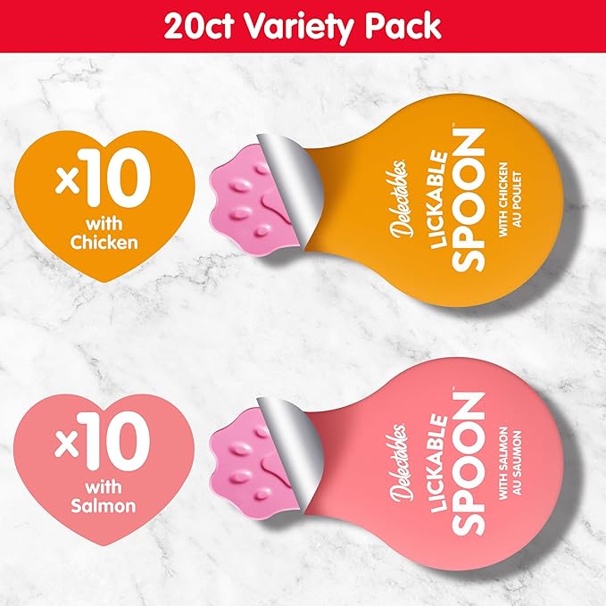 Delectables Lickable Spoon™ Handheld Wet Cat Treats Made with Real Chicken & Salmon, Creamy Puree, Mess Free, Quick & Easy, Grain-Free, No Added Fillers, No Added Preservatives, Variety Pack, 20ct