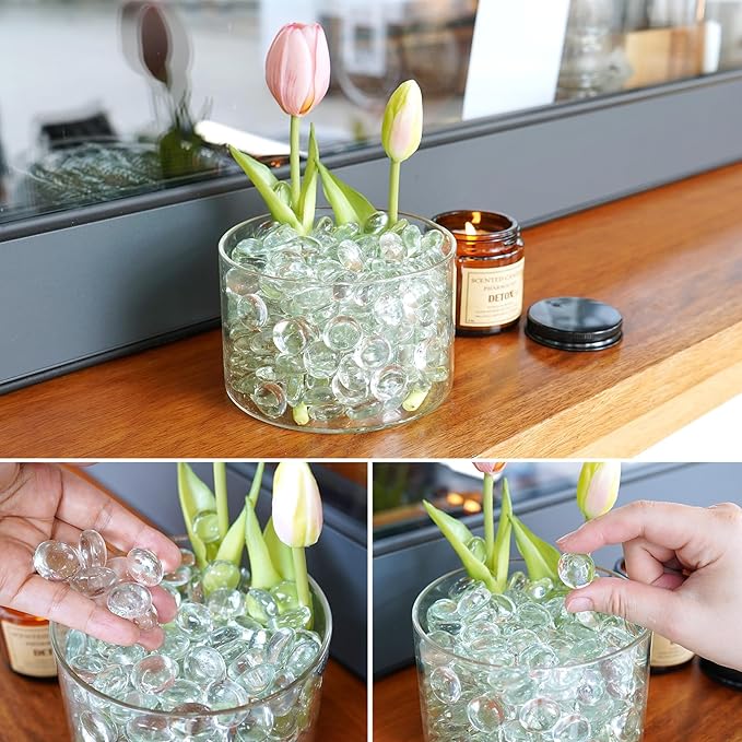 2LB Clear Flat Glass Marbles for Vases, Gemstone Beads Vase Filler Decorative Glass Pebbles for Fish Tank, DIY Crafts, Aquarium Decor Rocks