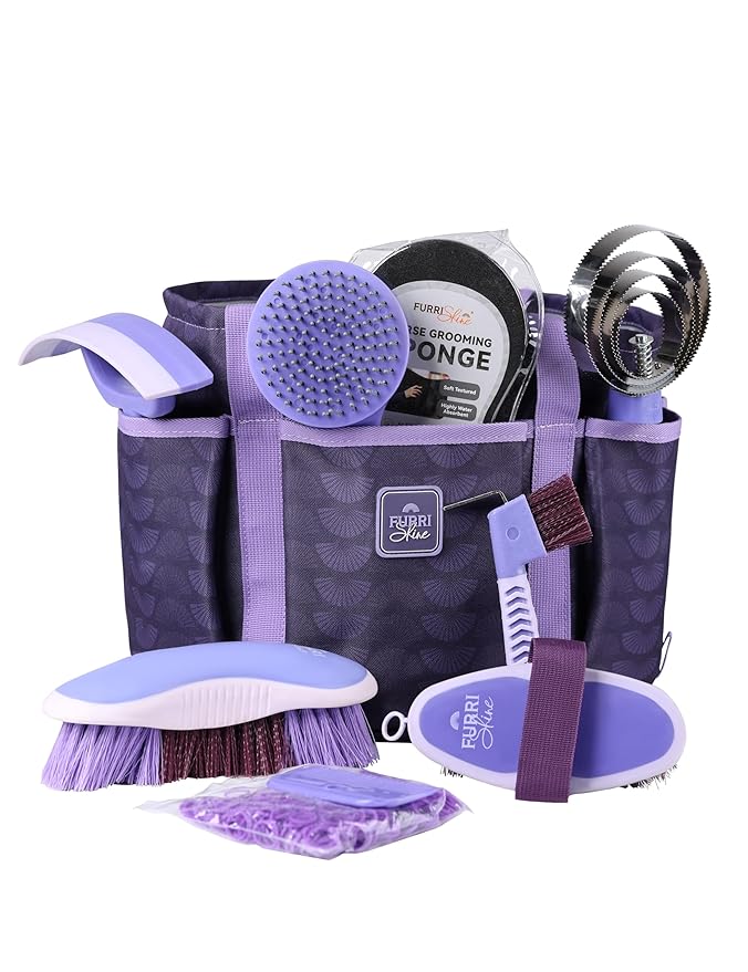 9PCS Horse Grooming Kit Curry Comb Sweat Scraper Horse Bathing Supplies Grooming Tools with Storage Bag Sugar Taro