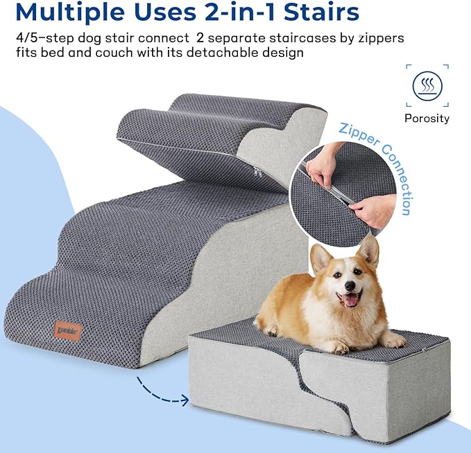 Dog Stairs for Small Dogs - Pet Stairs for Couch and Bed, 35D Foam Dog Steps Ramp with Non-Slip Bottom Beige, 3 Steps