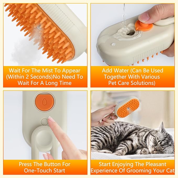 4-in-1 Cat Grooming Steam Brush, Pet Hair Shedding, Massage, Cleaning, Combing (brown)