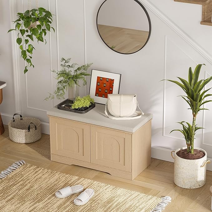 DINZI LVJ Shoe Bench, Entryway Storage Bench with Doors, Cushion, 2-Tier Shoe Rack with 6-Cubby, 31.5”L x 13.8”W Shoe Organizer Cabinet, Adjustable Shelf, Living Room, Bedroom, Natural