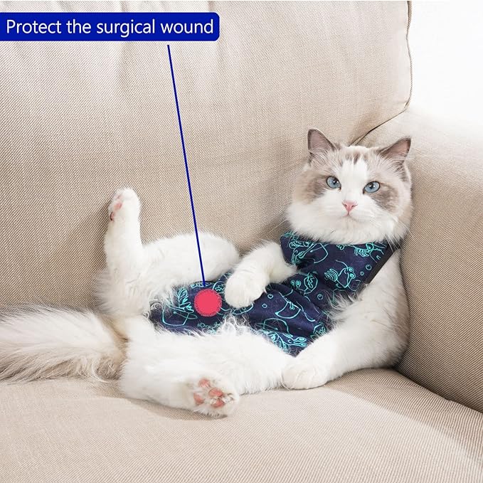 Cat Surgery Recovery Suit Onesie for Cats After Surgery for Surgical Abdominal Wound Or Skin Diseases E-Collar Alternative Wear Neutering Bodysuit Wear (Dark-Blue-M)