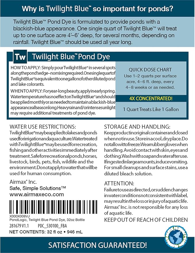 Airmax Twilight Blue Pond Dye 4X Concentrate for Outdoor Ponds & Lakes, Natural Pond Colorant & Beauty Enhancer, Block Ultraviolet Rays, Fish, Bird & Livestock Safe, Easy Liquid Application,1 Quart