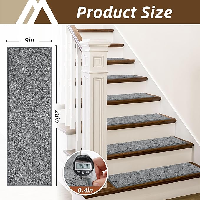 COSY HOMEER Stair Treads for Wooden Steps 9"x28" Washable Indoor Carpet Stair Treads Non Slip Soft Polyester Stair Carpet Tread Reusable Stair Runner Rugs for Kids, Elders,Pets,Medium Grey,10pcs