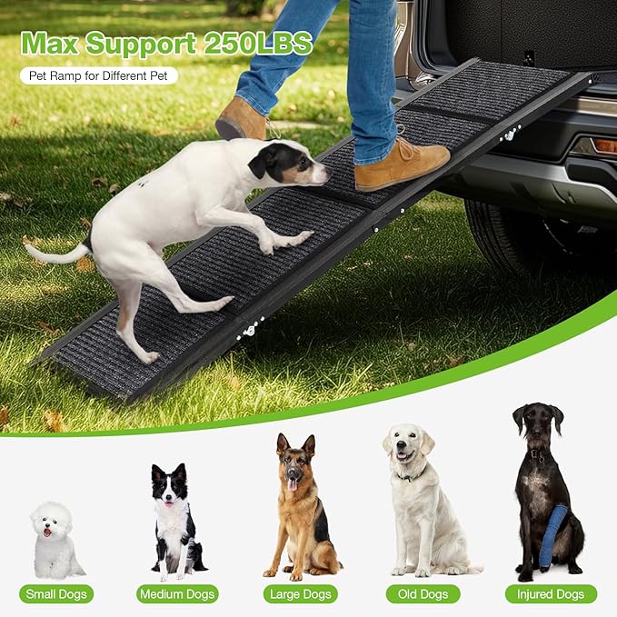 Dog Ramp for Car，63" x 17" Wide Folding Pet Ramp Dog Ramps for Medium & Large Dogs with Non-Slip Rug Surface ，Portable Dog Car Ramp for SUV Car & Truck, Outdoor Dog Ramp Up to 250 LBS