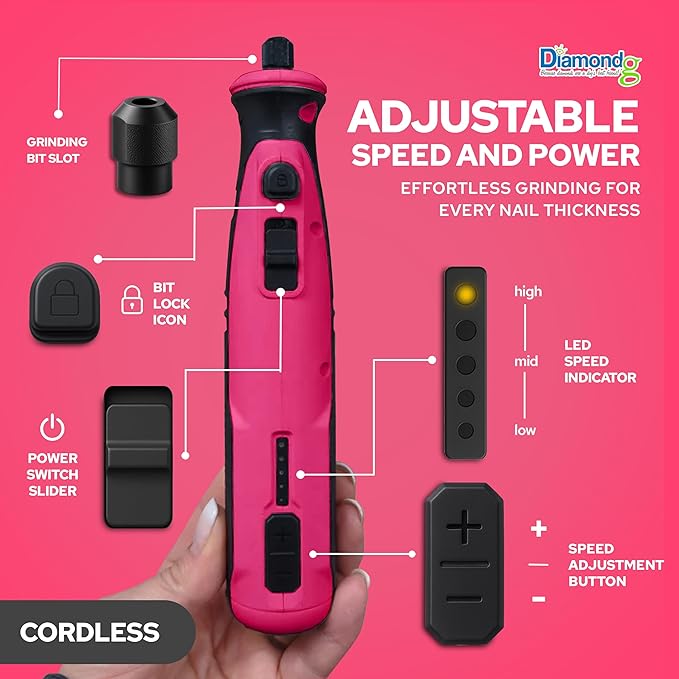 Diamondg Cordless Dog Nail Grinder with Quiet Sound & LED Tip for Large & Small Dogs, 4hrs. Runtime - Electric Dog Nail Trimmer, Heavy Duty Rotary Tool Alternative to Toenail Clippers & Filers