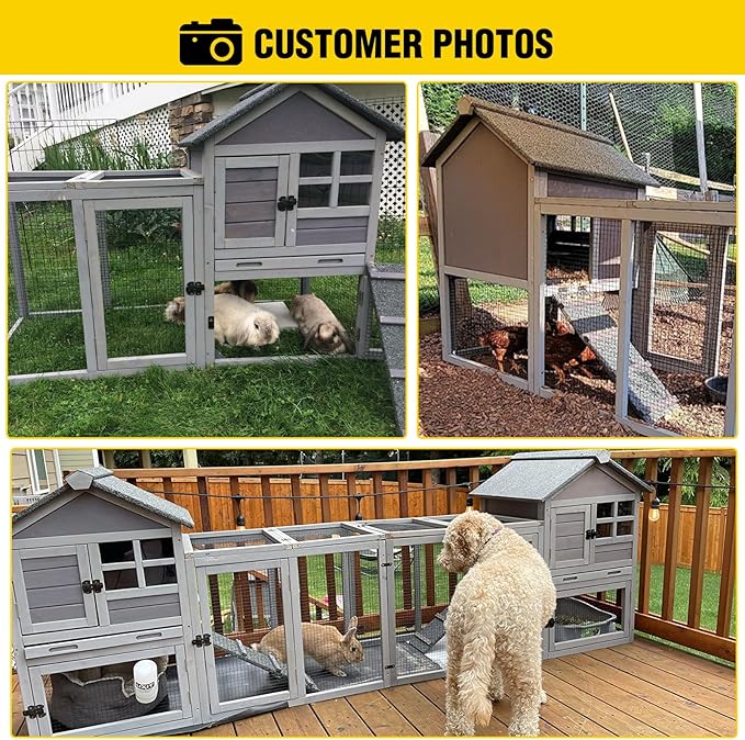 Aivituvin Rabbit Hutch Indoor Bunny Cage Outdoor with Run Chicken Coop Guinea Pig House with Waterproof Asphalt Roof,No Leakage Pull Out Tray (103.2" L x 25.2" W x 36.2" H, Grey-2 Sets)