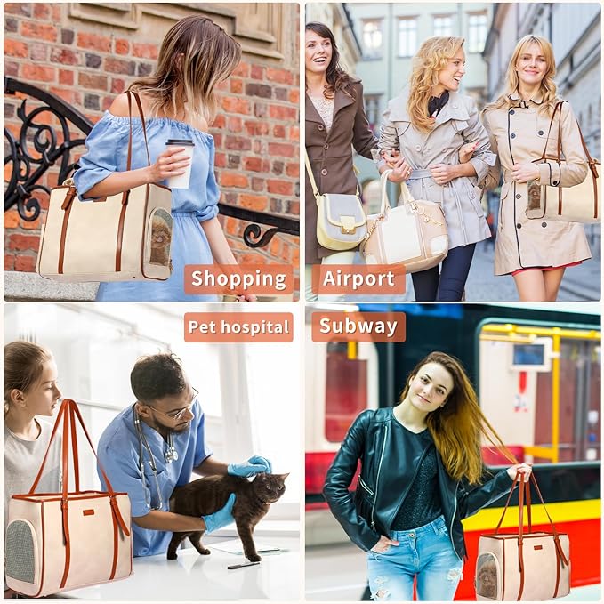 Fashion Dog Purse Pet Carrier Leather Bag for Small Dogs Cats Puppy, Portable Tote Bag Airline Approved Soft-Sided Carriers (Beign)