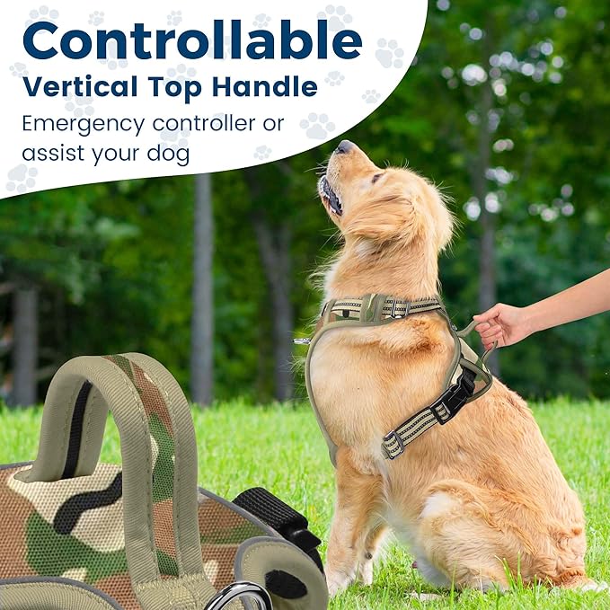 Funfox Dog Harness No Pull, Adjustable Pet Vest Harness, Super Soft Material with Vertical Handle Easy Control, Reflective Night Walking, 2 Leash Clips for Large Dogs, Camo Green, L