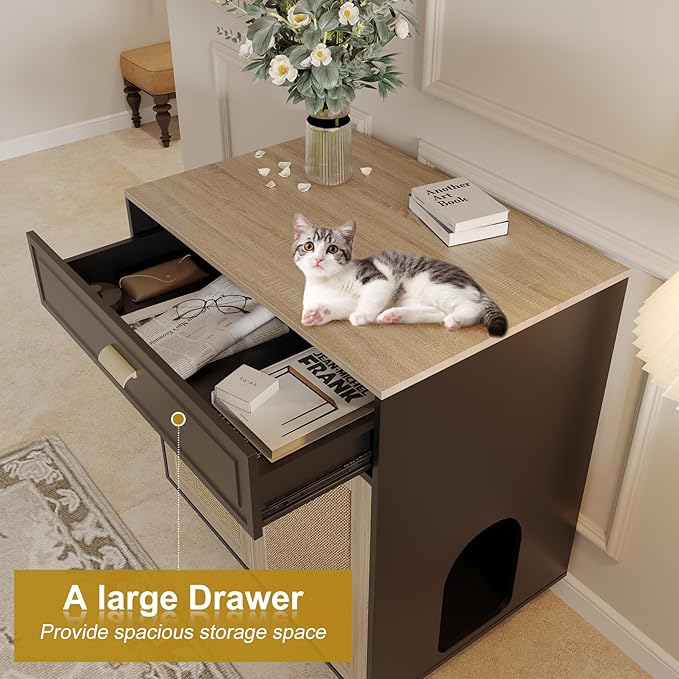 Cat Litter Box Enclosure Furniture Hidden - Indoor 2-in-1 Wooden Cat House & Washroom Cabinet with Scratching Board Doors and Drawer, 31.5”x21.6”x34.6”, Black