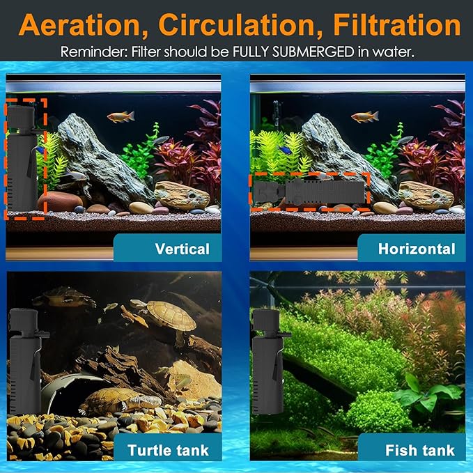 Fish Tank Filter with U - V Light & Timer (3/6/12/24 Hours) for Green Water Cleaning, Aquarium Filter with Aeration Turtle Tank Filter with Pre-Filter Sponge for Tanks 10-40 Gallon