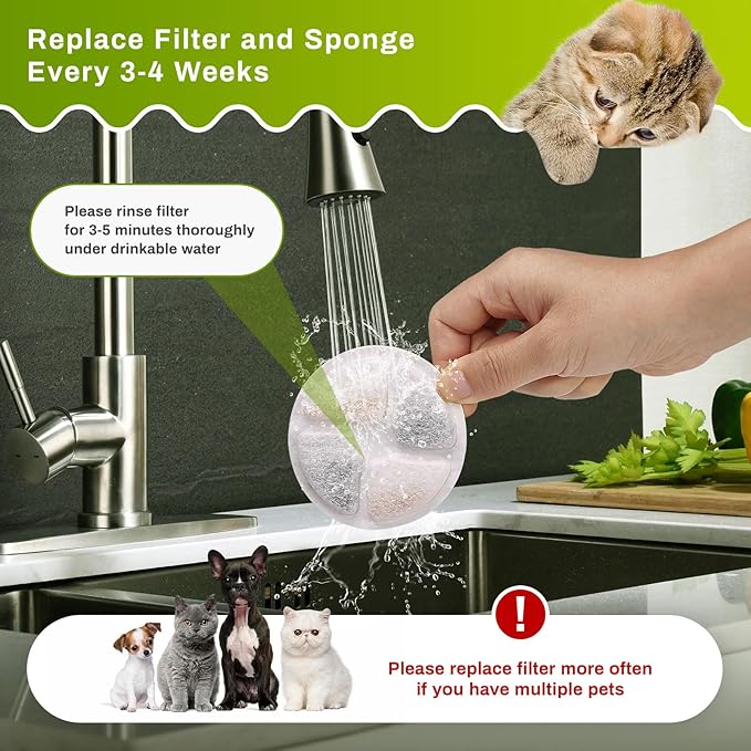 5 Set Cat Water Fountain Filter Replacement for Round 2L/67oz Stainless Steel Cat Fountain, ZEKIRY Pet Fountain Filter, Triple Filtration Replacement Filters(5 Filter, 5 Sponge, 5 8D Sponge)