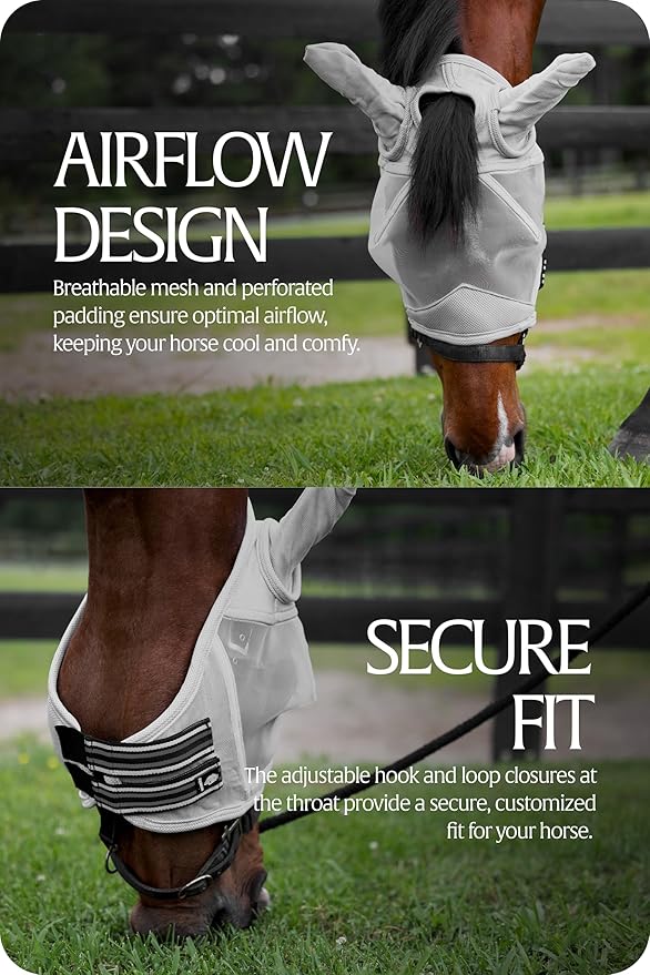 Equinavia Algard Soft Mesh Horse Fly Mask with Ear Protection and 45 UPF Rating | No Eye Irritation & UV Protection - Silver - Pony