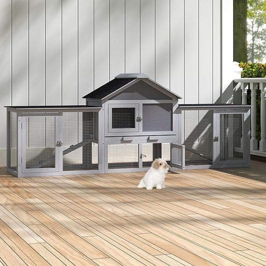 82.5” Large Wooden Rabbit Hutch Outdoor Easy to Assemble Rabbit Cage and Durable Bunny Hutch Indoor with Cleaning Tray & Waterproof Roof for Small and Medium Bunny Rabbit Chick (Grey)