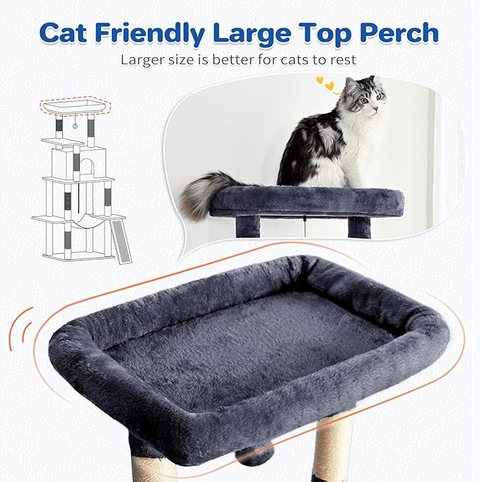 Cat Tree Tower 63in Multi-Level Cat Tower for Indoor Cats with Sisal Scratching Posts, Condo, Hammock, Dangling Ball and Extended Platform for Cats to Play, Dark Grey