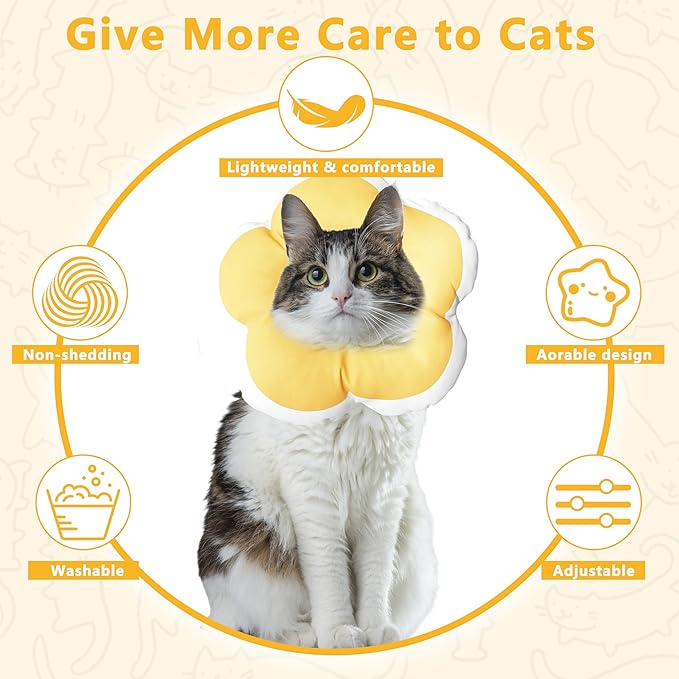 Cat Cone Collar Soft, Waterproof Cats Cones to Stop Licking After Surgery, Adjustable Soft Elizabeth Cats Collars for Wound Healing, Flower Shape Cat Recovery Collar (Yellow, Small)