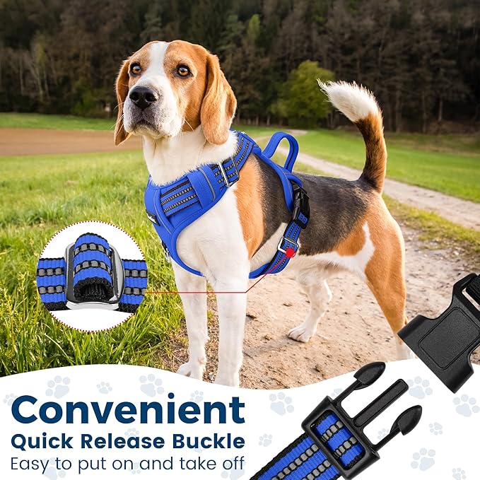 Funfox Dog Harness No Pull, Adjustable Pet Vest Harness, Super Soft Material with Vertical Handle Easy Control, Reflective Night Walking, 2 Leash Clips for Small Sized Dogs, Blue, S