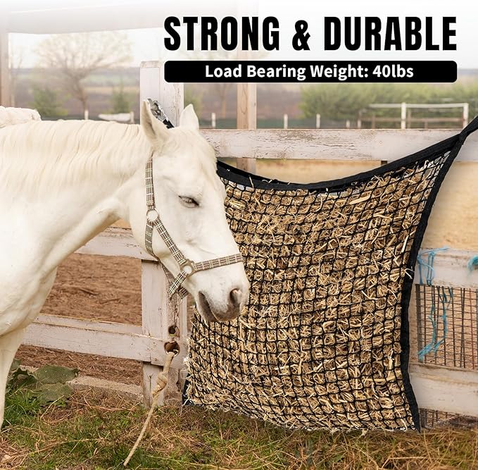 4 PCS Slow Feed Hay Net for Horses, Large Capacity Hay Bags for Horses Goats Sheep Donkey Trailer Full Day Feeding, Easy to Fill and Hang, Black, 35 x 31 Inch