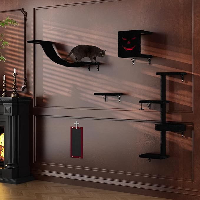 COZIWOW Wall-Mounted Cat Tree | Space-Saving Feline Furniture with Multiple Levels | Durable Scratch Post for Indoor Cats, Black&Red