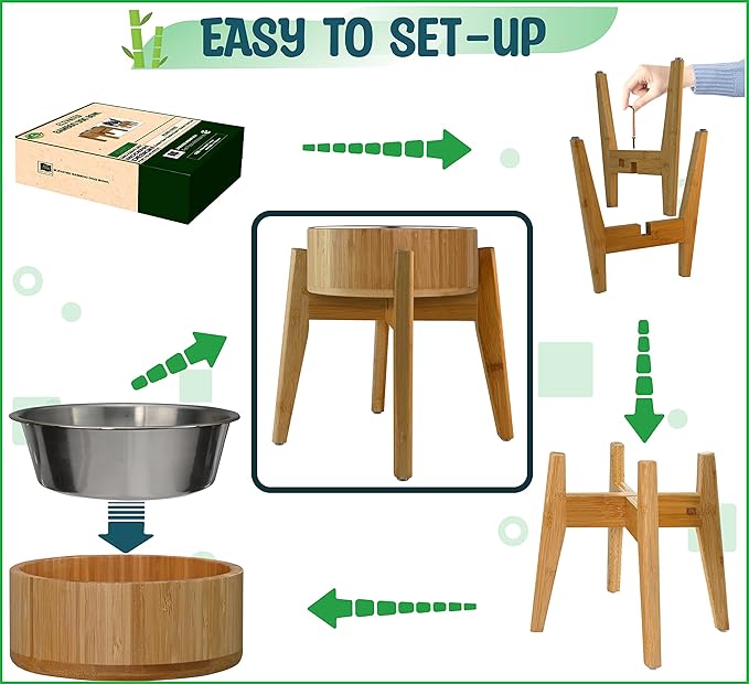 Dog Bowls Elevated, 12-inch High, 5-Cup Cap - Set of Bamboo Holder, Stainless Inner Dish and Stand - Ideal for Medium to Large Breeds - All-Detachable Parts