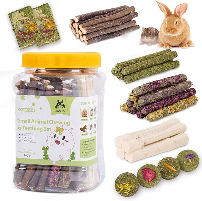 50-60 PCS Natural Rabbit Chew Toys, Treats, Timothy Sticks, Apple Sticks, Sweet Bamboo for Guinea Pig, Hamster, Chinchilla, Rat, Small Animals