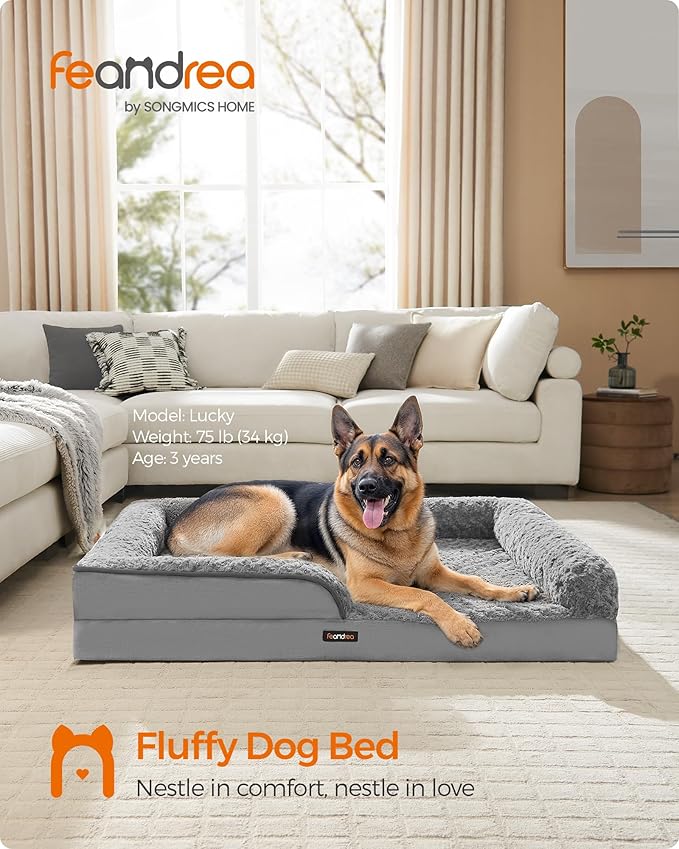 Feandrea Orthopaedic Dog Bed for Large Dogs, Waterproof Dog Sofa Bed with Removable Washable Cover, 48 x 35 x 7 Inches, Dove Gray UPGW254G01