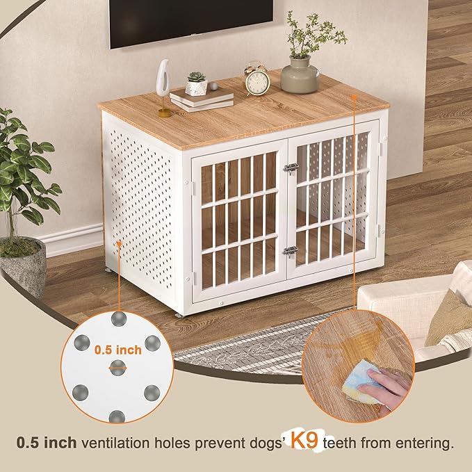 38" Heavy Duty Dog Crate Furniture for Large and Medium Dogs,Wooden Metal Kennel for High Anxiety Dogs, Chew Proof Pet Cage Indoor, Decorative Dog Kennel End Table, White