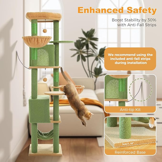 71.2" Large Cat Tree for Multi-Cat Households - 9-Level Cat Tower w/5 Sisal Scratching Posts, 2 Condos, Soft Hammock, Top Perch & Pom Poms - Heavy-Duty Space-Saving Design, Cactus Green