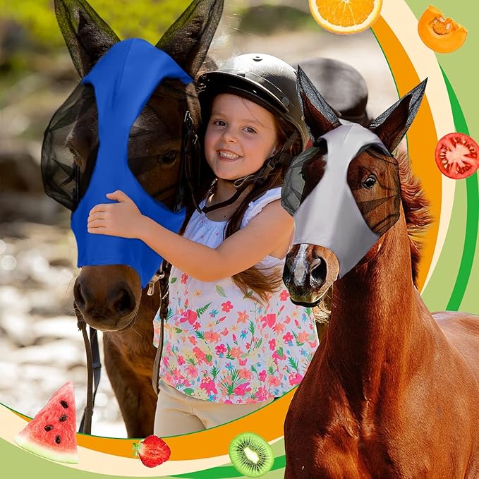 Frienda 4 Pcs Horse Fly Masks with Ears Head Fly Masks for Horses Smooth Elastic UV Protection Cover from Summer Insect Pests(Medium,Black, Gray, Blue, Mint Green)