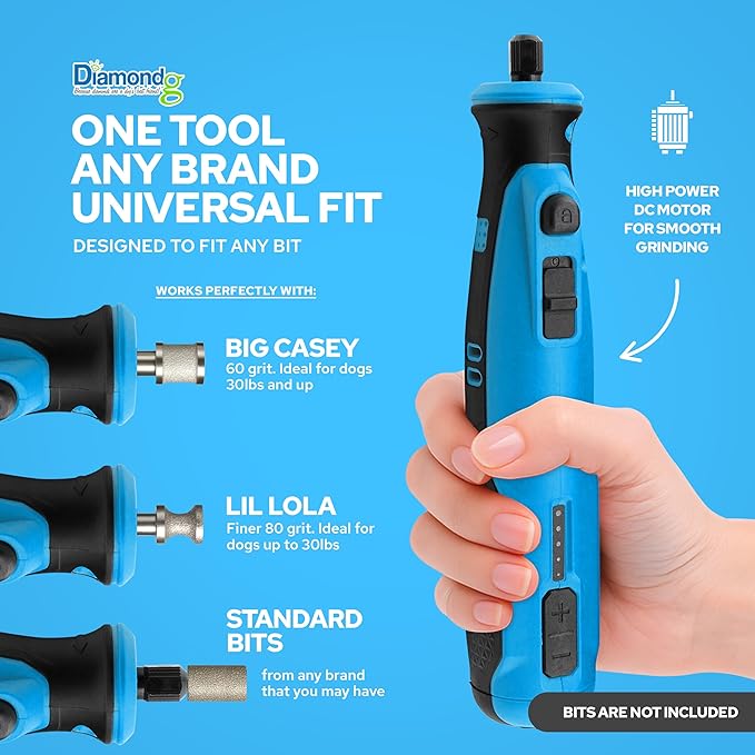 Diamondg Cordless Dog Nail Grinder with Quiet Sound & LED Tip for Large & Small Dogs, 4hrs. Runtime - Electric Dog Nail Trimmer, Heavy Duty Rotary Tool Alternative to Toenail Clippers & Filers