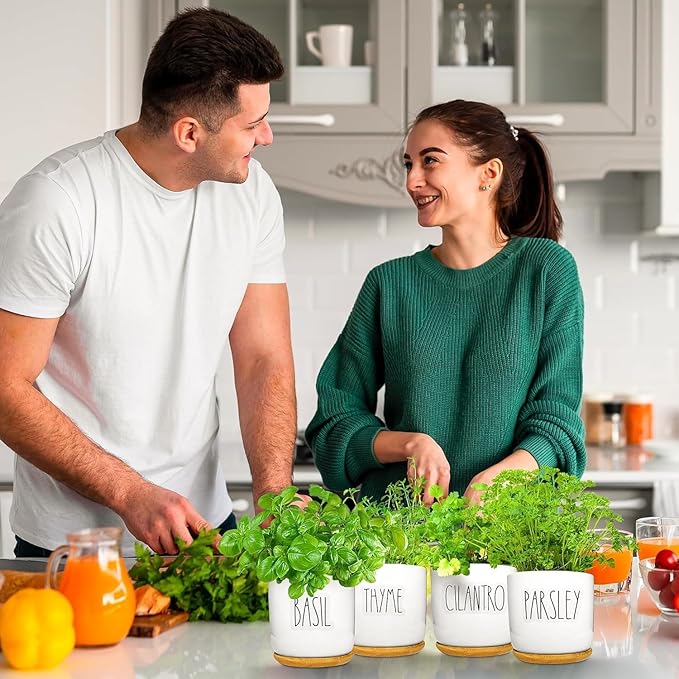 Deluxe Ceramic Indoor Herb Kit 4 Set. Variety Herbs for Indoor & Outdoor – Get Growing with Pots, Potting Soil for Window Herb Garden. (Ceramic Edition)