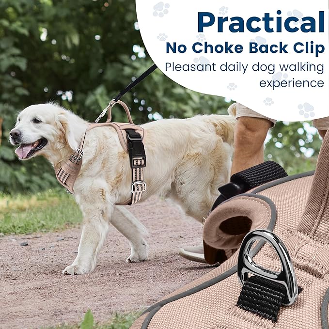 Funfox Dog Harness No Pull, Adjustable Pet Vest Harness, Super Soft Material with Vertical Handle Easy Control, Reflective Night Walking, 2 Leash Clips for Large Dogs, Brown, L