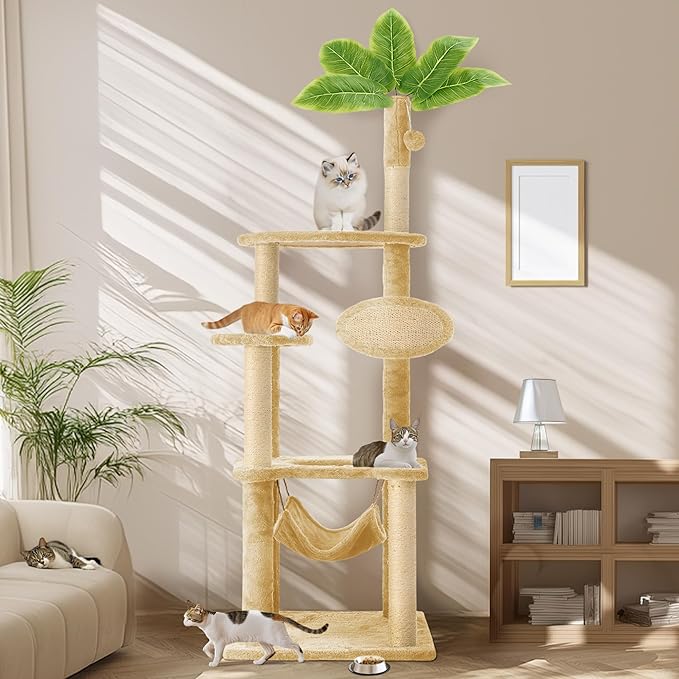 55 Inch Large Cat Tree Tower for Indoor Cats with Hammock Green Leaves Sisal Scratching Post, Plush Hang Ball Play Furniture for Kittens & Adult Cats, New Beige
