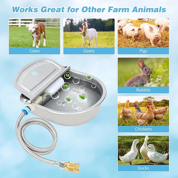 FHTONGE 304 Stainless Steel Automatic Water Dispenser with Drainage for Outdoor Big Dog, Large Auto Fill Dog Waterer Float Valves for Livestock Poultry Horse Cow Goat Pig Chicken Duck Rabbit Drinking