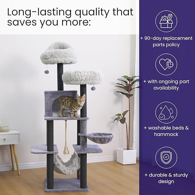 Catry Bradbury 7-Level 62.5” Modern Cat Tree with Replaceable Scratching Posts,Big Condo,Two Washable Beds, Two Hammocks,Quick Assembly, for Multi-Cat Homes(Cloud Gray)